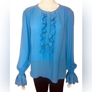 Tommy Hilfiger Blue Blouse Long Sleeve Eyelet And Puff Sleeves Size Large NWOT